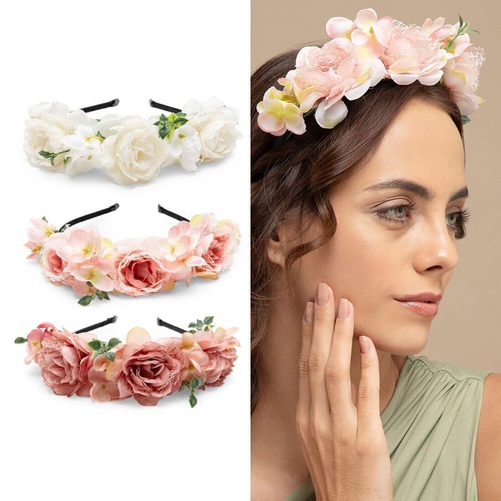 9390 Floral Tiara Hairband Peach, Pink & White Flower Crown Headband